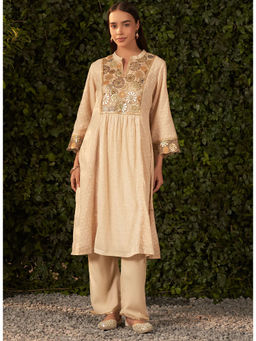 Lakshita - Beige Embroidered Chanderi Kurta with Pant (Set of 2)