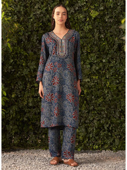 Lakshita - Navy Blue Printed Rayon Kurta with Pant (Set of 2)