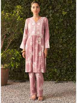 Lakshita - Pink Printed and Embroidered Rayon Kurta with Pant (Set of 2)