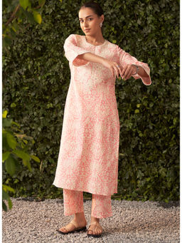 Lakshita - Neon Pink Printed Cotton Linen Kurta with Pant (Set of 2)