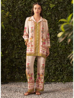 Lakshita - Women Leaf Cream and Green Printed Crepe Co-Ord (Set of 2)