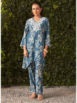 Lakshita - Cobalt Blue Printed Crinkled Crepe Co-Ord (Set of 2)