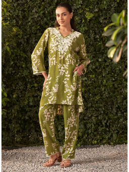 Lakshita - Lime Green Printed Crinkled Crepe Co-Ord (Set of 2)