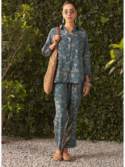 Lakshita - Women Smokey Blue Printed Rayon Co-Ord (Set of 2)