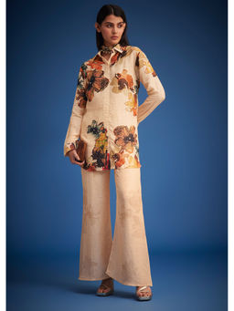 KALKI FASHION - Cream Linen Floral Printed Embroidered Co-Ord (Set of 3)