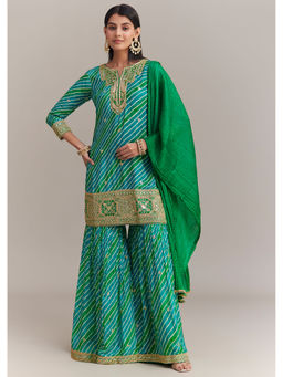 KALKI FASHION - Green Chinon Leheriya Embroidered Kurta with Sharara and Dupatta (Set of 3)