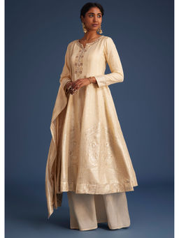 KALKI FASHION - Cream Jacquard Anarkali Kurta with Palazzo and Dupatta (Set of 3)