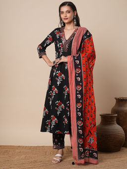 FASHOR - Black Floral Printed and Embroidered Kurta with Pant and Dupatta (Set of 3)
