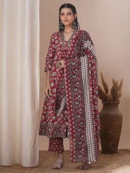 FASHOR - Red Floral Printed Anarkali Kurta with Pant and Dupatta (Set of 3)