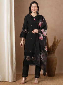 FASHOR - Black Embroidered Straight Fit Kurta with Pant and Printed Dupatta (Set of 3)