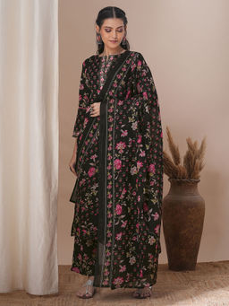 FASHOR - Black Floral Printed Kurta with Pant and Dupatta (Set of 3)