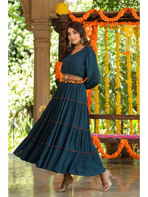 bottle green ethnic dress Buy Juniper Motif Printed Rayon Crepe Tiered Maxi with Thread Work Embroidery Online bottle green dress combinations