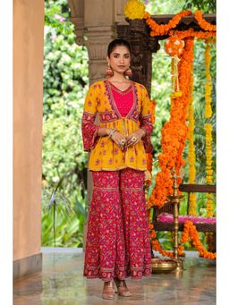 Juniper - Women Mustard Georgette Printed Sharara with Top & Shrug (Set of 3)