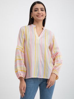 Pink Fort - Cotton Striped Puff Sleeves Top Yellow
