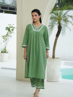 House of Chikankari - Green Cotton Slub Chikankari Kurta with Pant