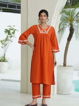 House of Chikankari - Orange Cotton Slub Chikankari Kurta with Pant