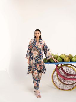 Pratapsons - Indigo Blue Floral Printed Cotton Co-Ord Set