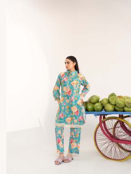 Pratapsons - Aqua Blue Floral Printed Cotton Co-Ord Set
