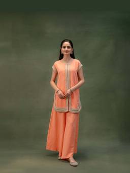 GRASS & SUNSHINE - Women Sunset Coral Ease Kurta with Palazzo