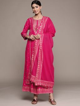 ISHIN - Womens Cotton Pink Embroidered A-line Kurta With Sharara And Dupatta
