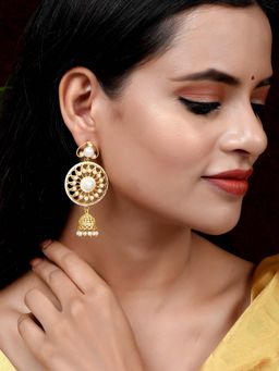 Silvermerc Designs - Gold Plated Pearl Studded Floral Handcrafted Traditional Drop Earrings