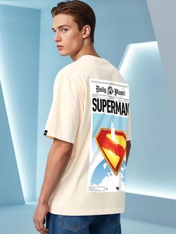 Bewakoof - Official DC Superman Men's Off White Daily Planet Graphic Printed Oversized T-shirt