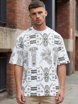 Bewakoof - Men Bright White All Over Printed Oversized T-Shirt