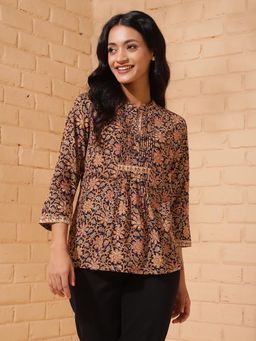 Fabindia - Black Cotton Floral Printed Top