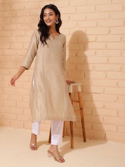 Fabindia - Beige Cotton Silk Calf Length Long Kurta
