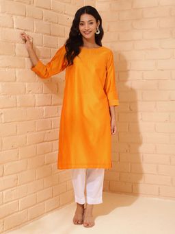 Fabindia - Yellow Cotton Silk Regular Fit Knee Length Kurta