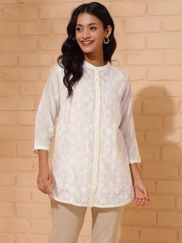 Fabindia - Natural Cream Cotton Silk Chikankari Tunic with Slip (Set of 2)