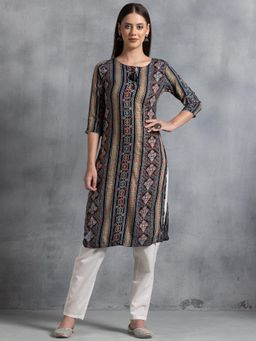 Indya - Navy Blue Floral Stripe Print Rayon Kurta