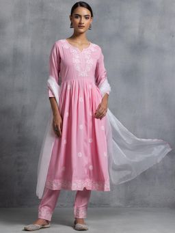 Indya - Pink Thread Embroidered Kurta with Pant and Dupatta (Set of 3)