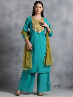 Indya - Green Gota Work Cotton Kurta with Palazzo and Dupatta (Set of 3)