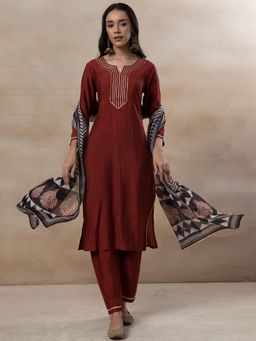 Indya - Brown Gota Embellished Kurta with Pants and Printed Dupatta (Set of 3)