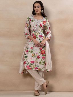 Indya - Beige Floral Print Mirror Embroidered Kurta with Pants and Dupatta (Set of 3)