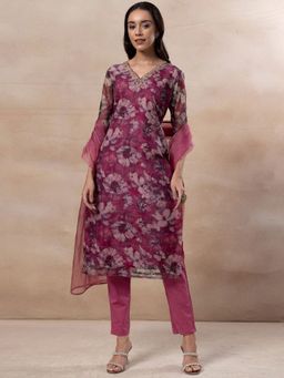 Indya - Purple Floral Print Organza Kurta with Pants and Dupatta (Set of 3)