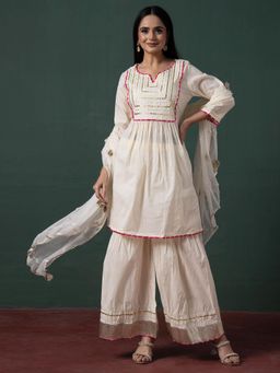 Indya - Ivory Gota Embellished Cotton A-Line Kurta with Palazzo and Dupatta (Set of 3)