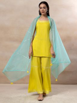 Indya - Lime Green Gota Work Kurta with Sharara and Organza Dupatta (Set of 3)