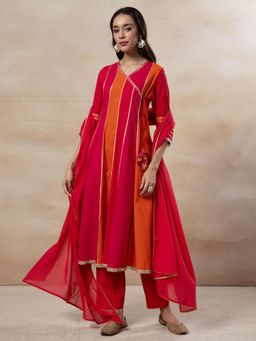 Indya - Orange and Red Cotton Angarkha Kurta with Pant and Dupatta (Set of 3)