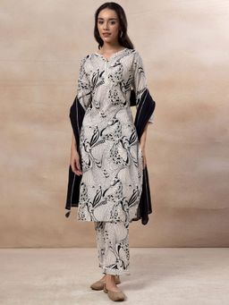 Indya - White and Black Abstract Print Cotton Kurta with Pants and Dupatta (Set of 3)