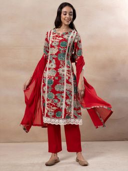 Indya - Red Floral Print Cotton Kurta with Pants and Dupatta (Set of 3)