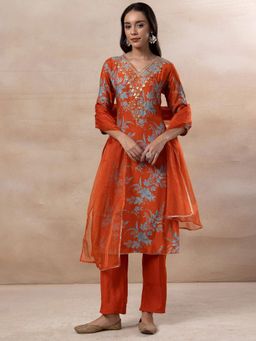 Indya - Orange Floral Print Zari Embroidered Kurta with Pants and Organza Dupatta (Set of 3)