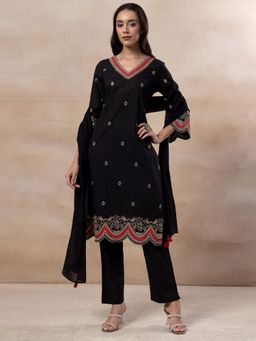 Indya - Black V-Neck Embroidered Cotton Kurta with Pants and Dupatta (Set of 3)
