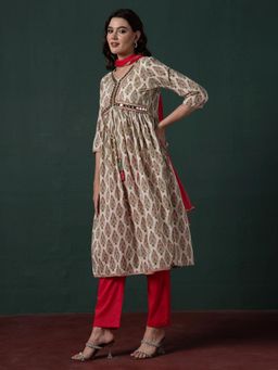 Indya - White Block Print Mirror Cotton Anarkali Kurta with Pants and Dupatta (Set of 3)