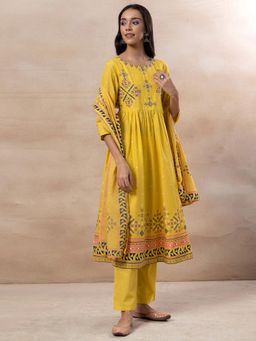 Indya - Yellow Embroidered Cotton Anarkali Kurta with Pants and Dupatta (Set of 3)