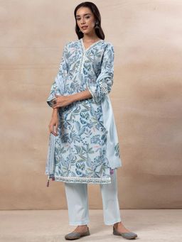 Indya - Blue Floral Print Cotton Kurta with Pants and Dupatta (Set of 3)