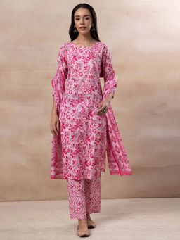 Indya - Light Pink Floral Print Cotton Kurta with Pants and Dupatta (Set of 3)