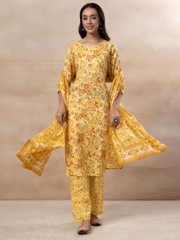Indya - Yellow Floral Print Cotton Kurta with Pants and Dupatta (Set of 3)