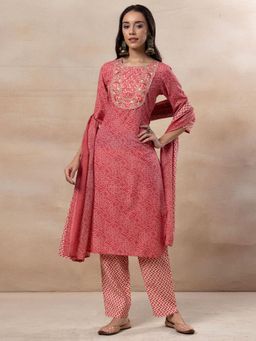Indya - Pink Bandhani Print Mirror Embroidered Kurta with Pants and Dupatta (Set of 3)